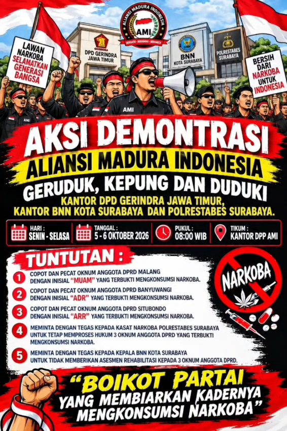 AMI GELAR AKSI DEMONSTRASI, DESAK PENEGAKAN HUKUM ATAS PENYALAHGUNAAN NARKOTIKA YANG MELIBATKAN 3 ANGGOTA DPRD DARI PARTAI GERINDRA